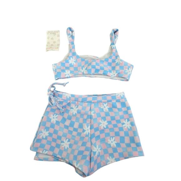 Miken Swimsuit Two Piece Size 7 checkered Blue Pink Daisy Print NEW - Picture 2 of 4